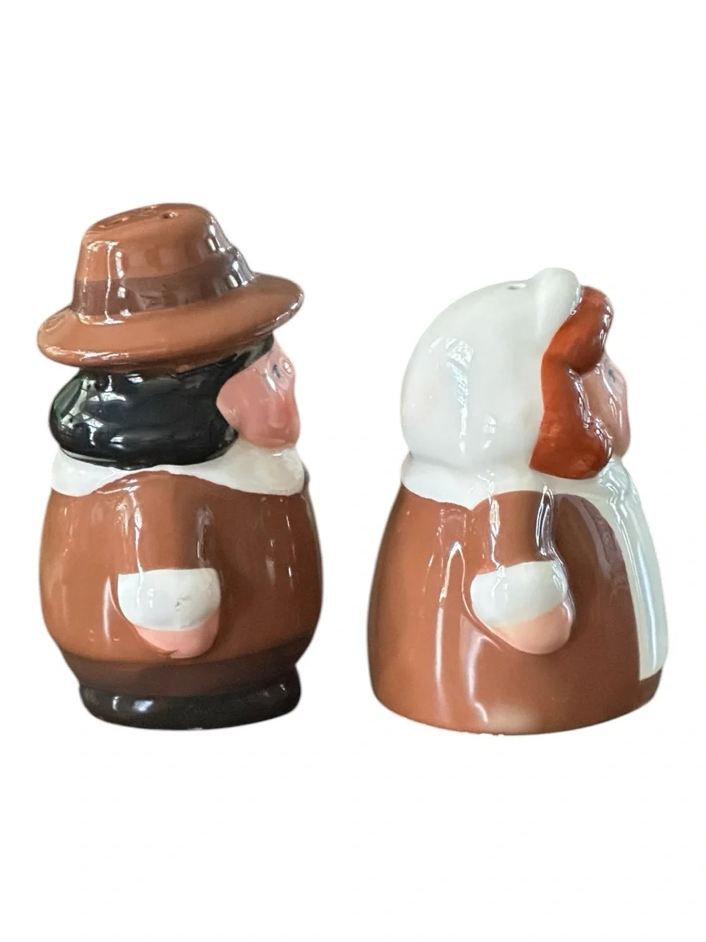 Brown Pilgrim Couple Ceramic Salt and Pepper Shakers - Thanksgiving Serveware